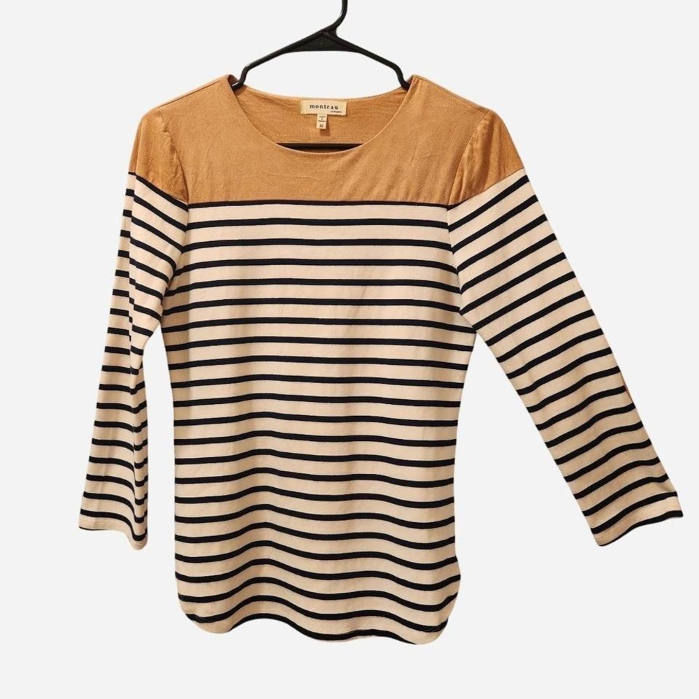 Monteau Striped Long Sleeve Shirt with Suede Elbow Patches White and Tan Size M